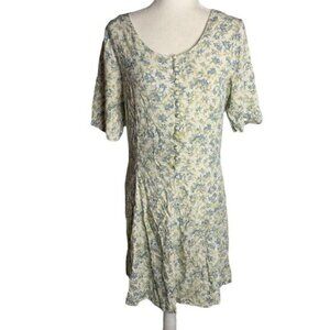Vintage Cottagecore Grunge Mini Dress S White Floral Button Lace Up Short Sleeve